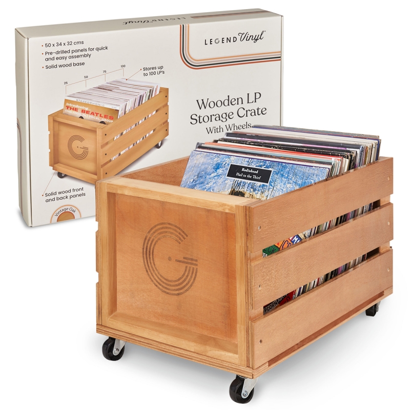 Caisse en bois à roulettes pour 100 disques vinyles de Legend Vinyl